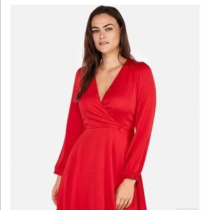 LONG SLEEVE SURPLICE FIT AND FLARE DRESS IN RED